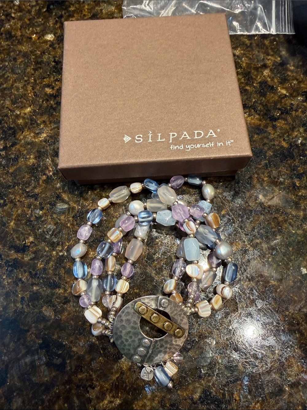 Silpada Multistrand Beaded Bracelet in Blue, Purple & Cream with Hammered Toggle